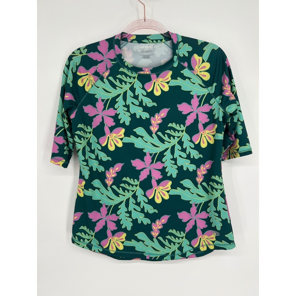 Reel Legends Green Pink Floral Print Rash Guard Sun‎ Protection Top PM